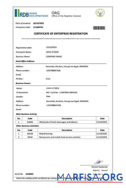 Blank Rwanda certificate of enterprise registration Word and PDF template